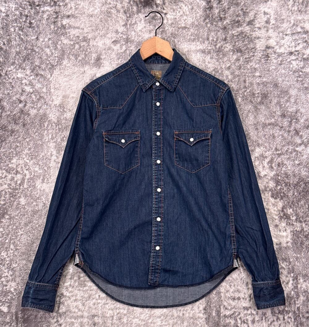 PRPS Western Shirt Small Mens Blue Denim Pearl Snap Long Sleeve